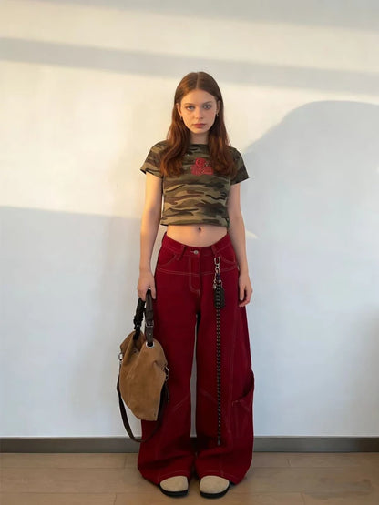 Street Vintage Jeans New Y2K Harajuku Wash Red Streetwear Baggy Jeans Denim Pants Mens Womens High Waist Wide Trousers 2025