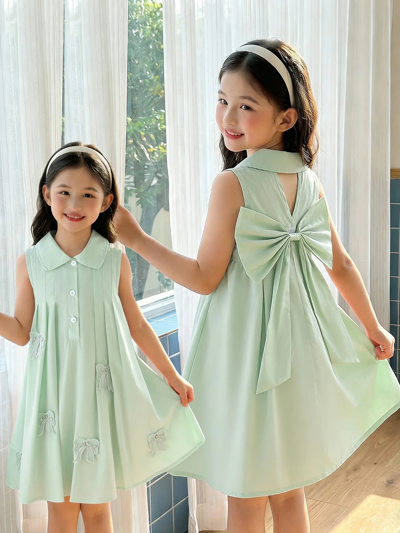 Girl's Summer Fresh Daily Casual Style Green Sleeveless Back Big Bow Flip Collar Half Open Dress Skirt Bow Decoration