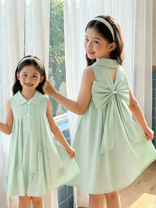 Vestido Meio Aberto com Gola Virada, Sem Mangas, com Laço Grande nas Costas, Estilo Casual Diário, Fresco, de Verão, para Meninas, na Cor Verde, com Decoração de Laço