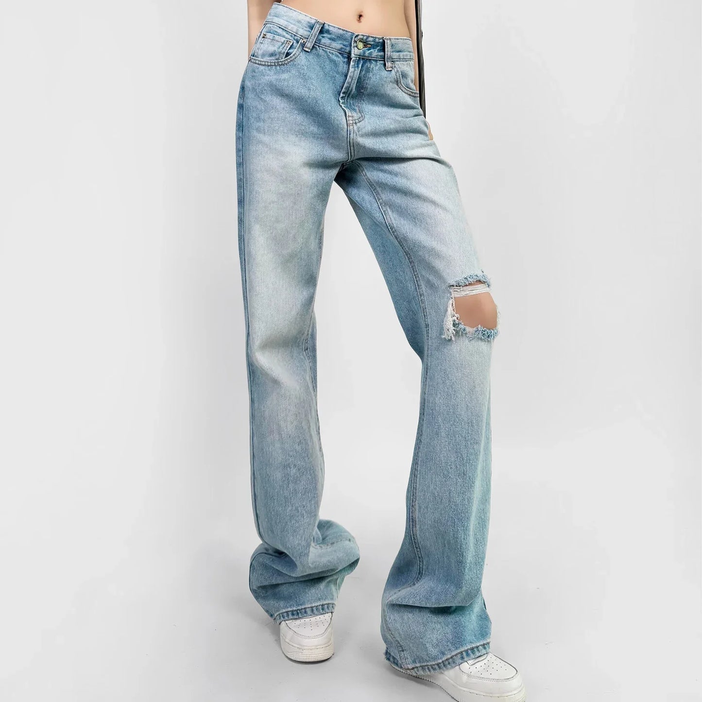 High‑Waist Straight‑Leg Distressed Jeans