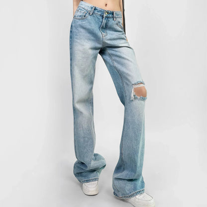 High‑Waist Straight‑Leg Distressed Jeans