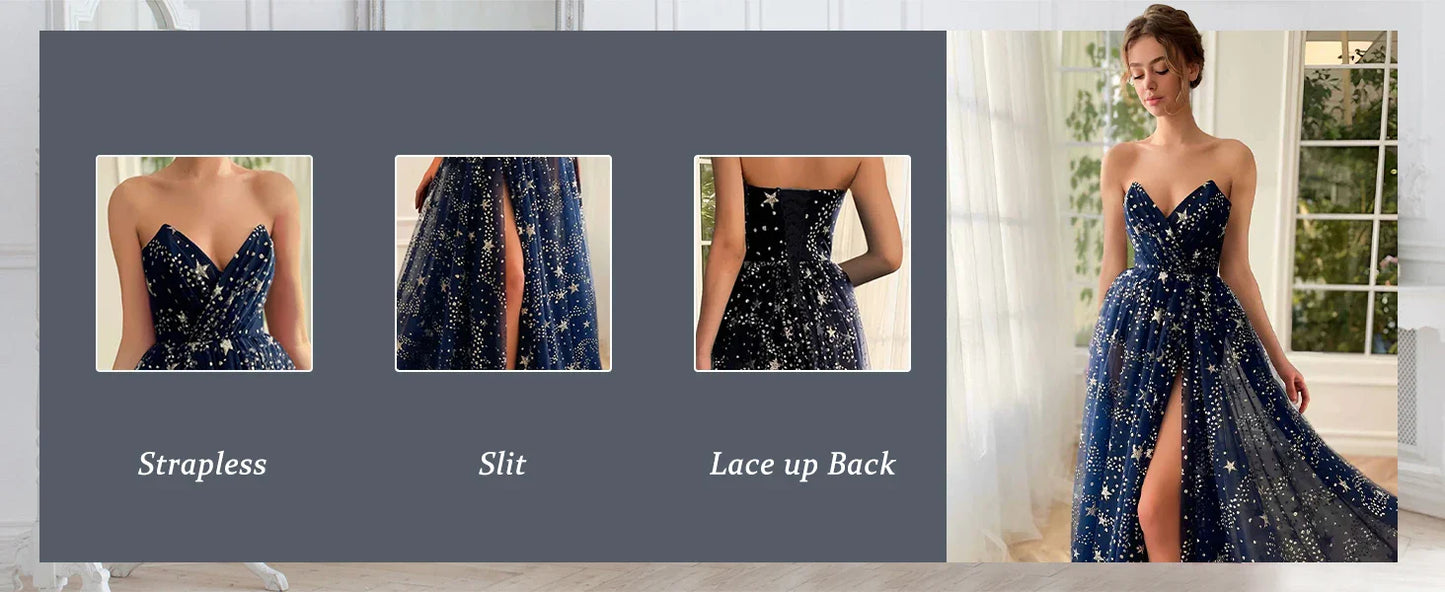 V Neck Luxury Women's Sparkle Starry Tulle Prom Dresses Strapless Slit Formal Evening Party Gowns Formal Dress Women Elegant