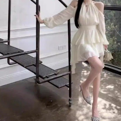 Dresses Women Hollow Out Design Chic Defined Waist Off-shoulder Ruffles Popular Long Sleeve Vestidos Gentle Sweet Spring Summer