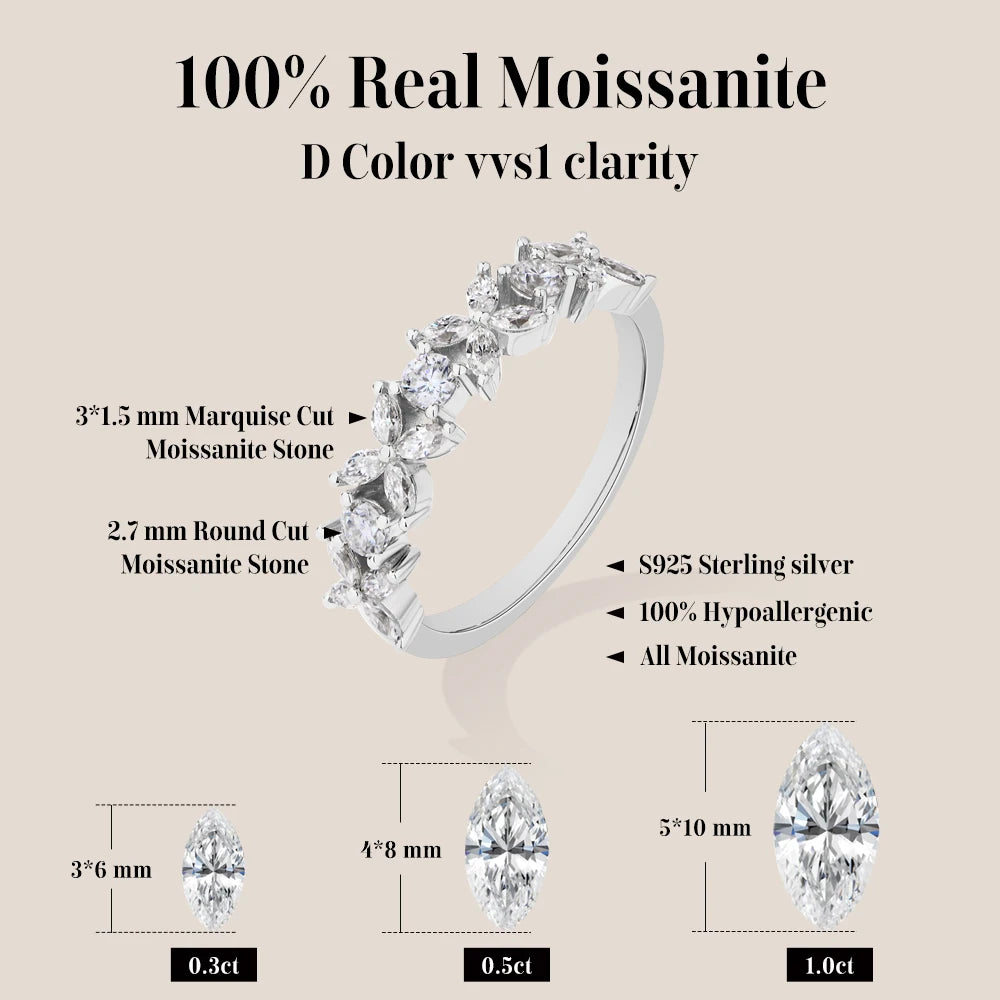 Classic Marquise Round Moissanite Leaves and flowers Ring S925 Silver for Women party Jewelry Gift anniversary Wedding