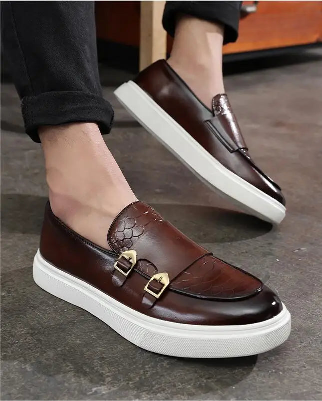 Fashion Men's Casual Shoes Snakeskin Grain Leather Men Retro British Style Loafers Monk Shoes Mens Slip-on Outdoor Driving Flats