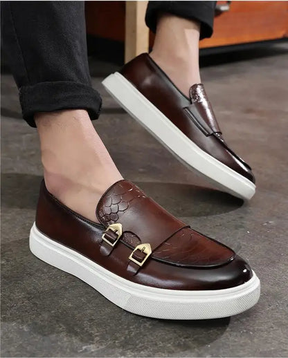 Fashion Men's Casual Shoes Snakeskin Grain Leather Men Retro British Style Loafers Monk Shoes Mens Slip-on Outdoor Driving Flats