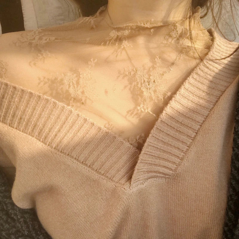 Elegant Sexy Women's Mesh T-Shirts Long Sleeve Lace See Through Blouse Versatile Bottoming Shirt Girls Sheer Tees Body Crop Top