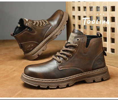 New MEN'S BOOTS with Retro Style Leather Boots, Thick Soles, Wear-resistant MEN'S High Top Casual Shoes, Side Zippers