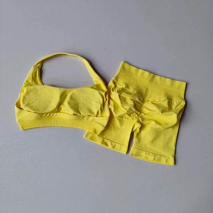 Sexy Halter Neck Beautiful Back High Waist Peach Sports Bras Shorts Suit Pilates Gathering Yoga Vest Training Fitness Bra Sets