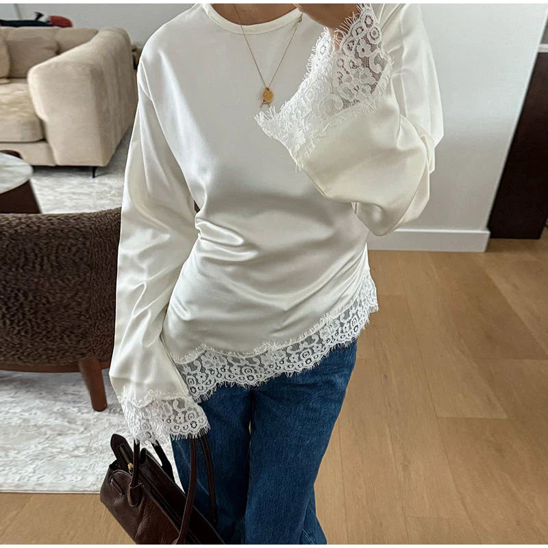 Women's Satin Blouse With Lace Trim Fashion O-neck Long Sleeve Lace Up Waist Irregular Tops 2026 Spring New Chic Lady Streetwear