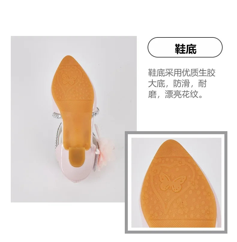 2025 Summer New Fashion Flower Girls' Princess Shoes Crystal Performance Children's Sandals Pointed Toe Children's High Heels