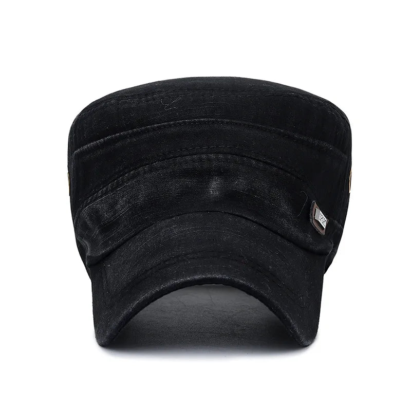 Vintage Washed Cotton Military Caps Flat Top Baseball Cap Adjustable Fitted Thicker Cap Sun Protection Men Women Cadet Army Cap