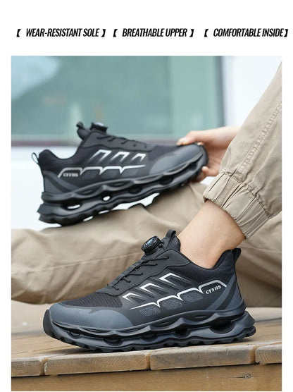 Shock Absorbing Safety Shoes for Men Steel Toe Lightweight Work Boots for Factory & Warehouse Rotary Button Indestructible Shoes
