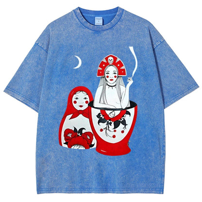 Russian Doll Pattern, Cute Style, Y2k Graphic Tee, Women's Oversized T-Shirt, Cute Hand-Painted Bunny, Korean Style Art, Summer