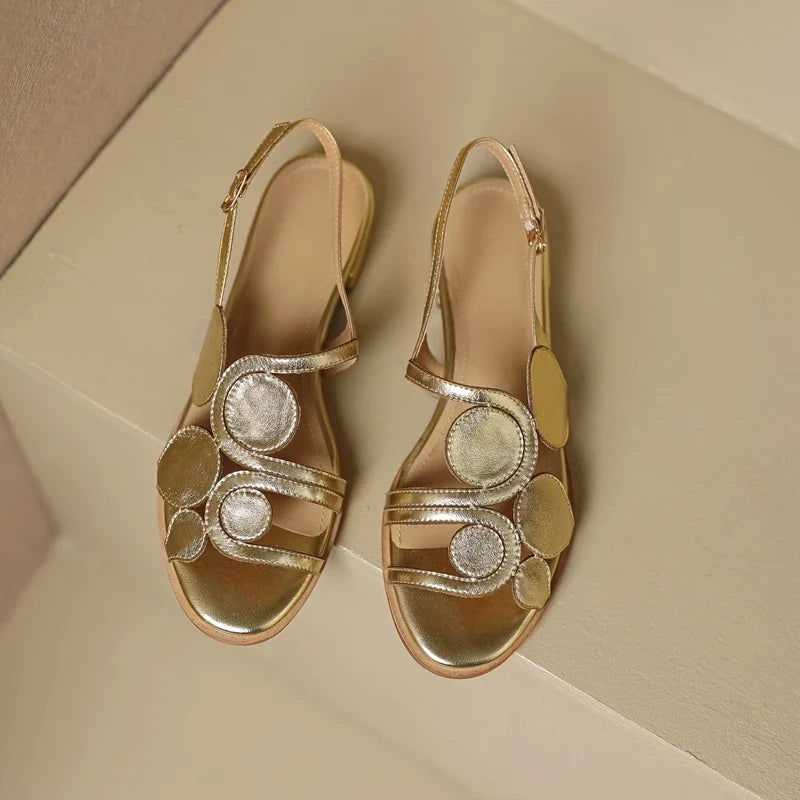 Women's New Round Head Spring/Summer Genuine Leather Sheepskin Spliced Low Heel Large Size Elastic Open Toe Sandals