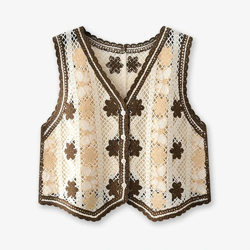 Floral Crochet Vest for Women Openwork Button Front Sleeveless Jacket Waistcoat Bohemian Summer Beach Vacation Outfit