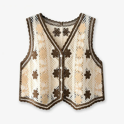 Floral Crochet Vest for Women Openwork Button Front Sleeveless Jacket Waistcoat Bohemian Summer Beach Vacation Outfit