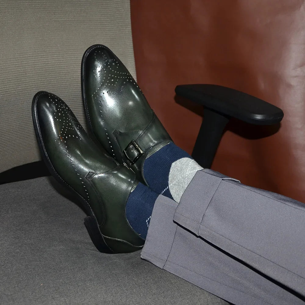 Elegant Men's Monk Strap Dress Shoes Genuine Leather Single Buckle Green Black Loafer Brogue for Party Wedding Formal Occasions