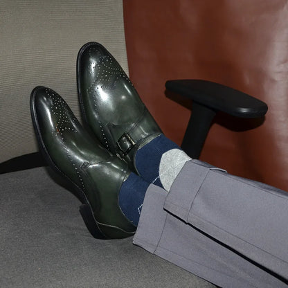 Elegant Men's Monk Strap Dress Shoes Genuine Leather Single Buckle Green Black Loafer Brogue for Party Wedding Formal Occasions