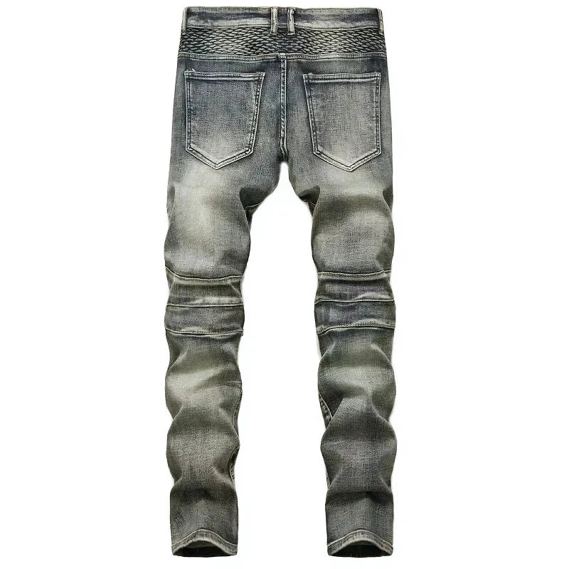 Calça Jeans Masculina Nova Casual Moto Hip Hop Rua Equitação Elástica Slim Reta Patchwork Moda Calças Jeans Masculinas