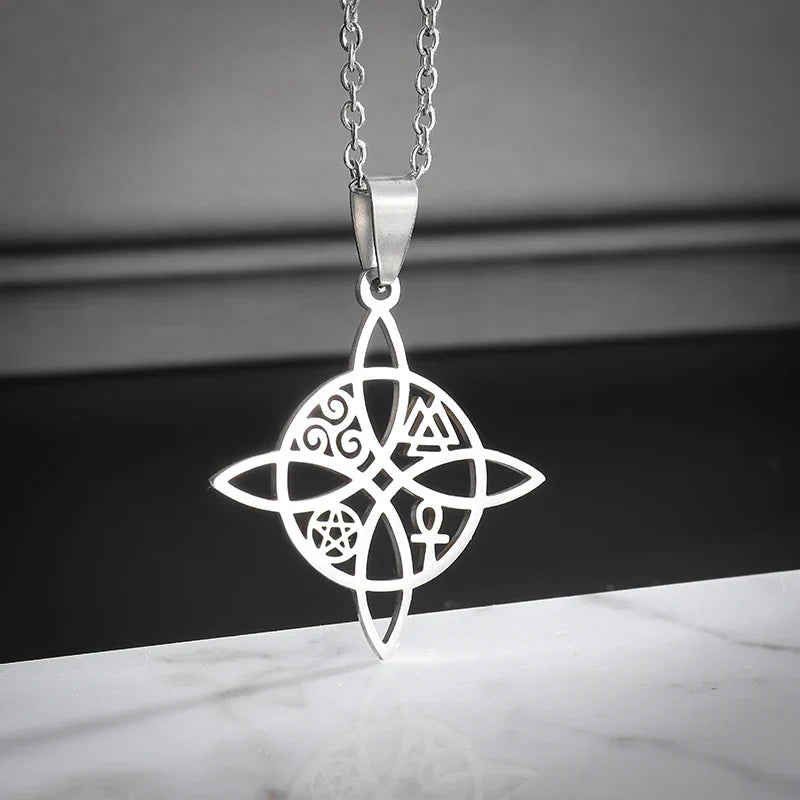 Witchcraft Witch Knot Necklace Irish Trinity Knot Triple Spiral Pendant Stainless Steel Ankh Cross Pentagram Amulet Jewelry