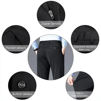 2026 Mens Regular Fit Dress Pants Casual Business Flat Front Trouser Male Wrinkle Free Comfort Stretch Pants
