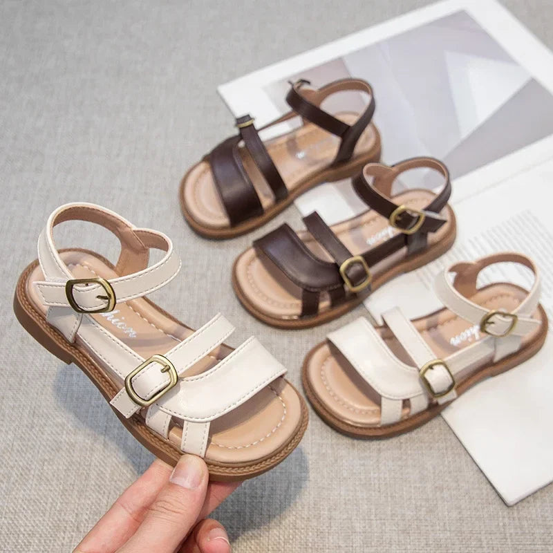 Girls Roman Sandals Open Toe Little Kids Leather Sandals with Buckle Open Toe Children Summer Beach Shoes Non-Slip Soft Sole