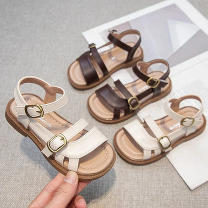 Girls Roman Sandals Open Toe Little Kids Leather Sandals with Buckle Open Toe Children Summer Beach Shoes Non-Slip Soft Sole