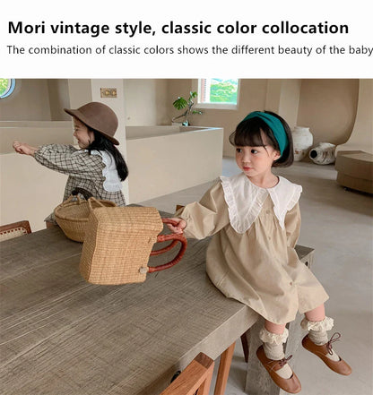 Baby Girls Dress Casual Plaid Clothes Summer New Korean Cotton Linen Girls Princess Dress Big Turn Down Collar Dress