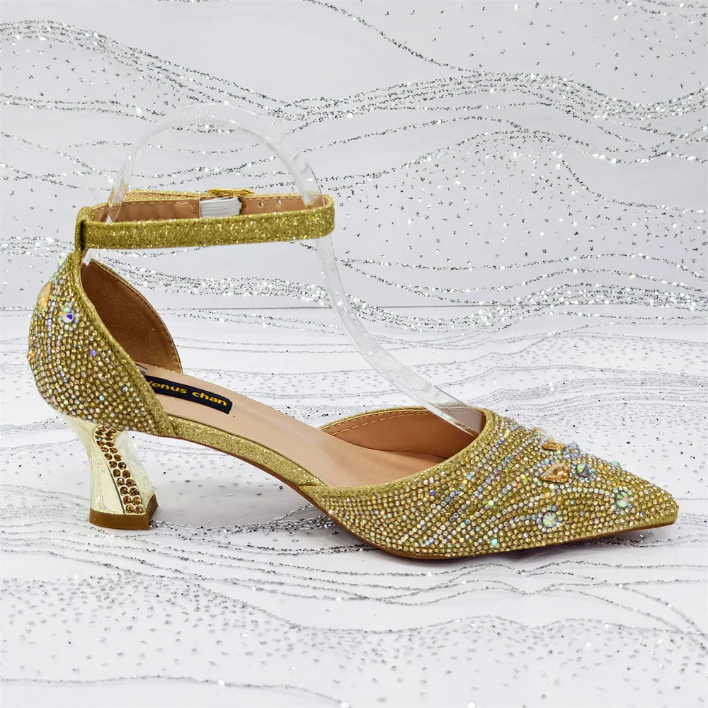 Elegant Italian Rhinestone Pointed-Toe High Heel Shoes with Matching Handbag Set - Stylish & Comfortable Women's Footwear