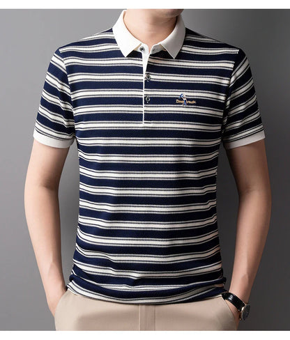 Classic striped men polo shirt summer cool breathable short sleeve fashion brand letter embroidery luxuriou casual lapel T-shirt