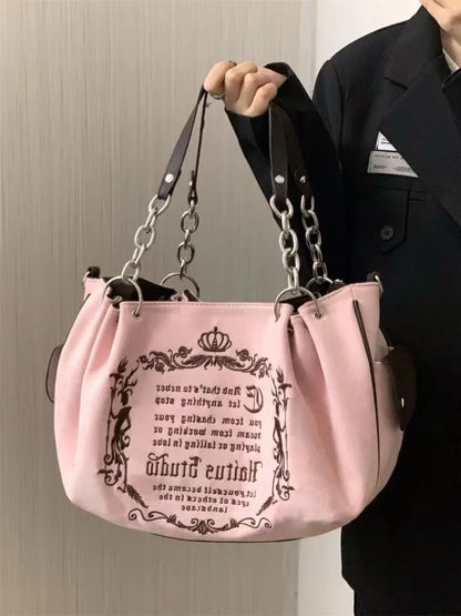 Bolsa Tote Feminina Rosa Vintage Y2K Gótica Estética Grande Capacidade Bordado Letra Retrô Corrente Grunge Viagem Ombro