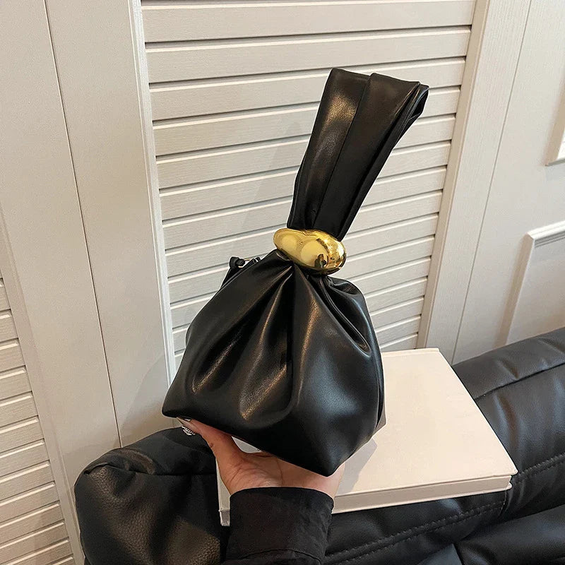 Mini Bolsas de Ombro de Couro PU com Design em Forma de Bolinho, para Mulheres, Modernas, com Nó, Retrô, de Pulso, Bolsas de Mão e Carteiras