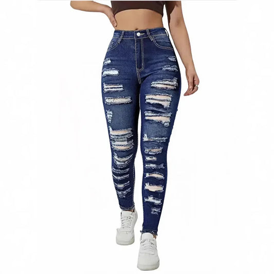 Denim Pants with Hole And Frayed Hem Fashion Casual Trousers