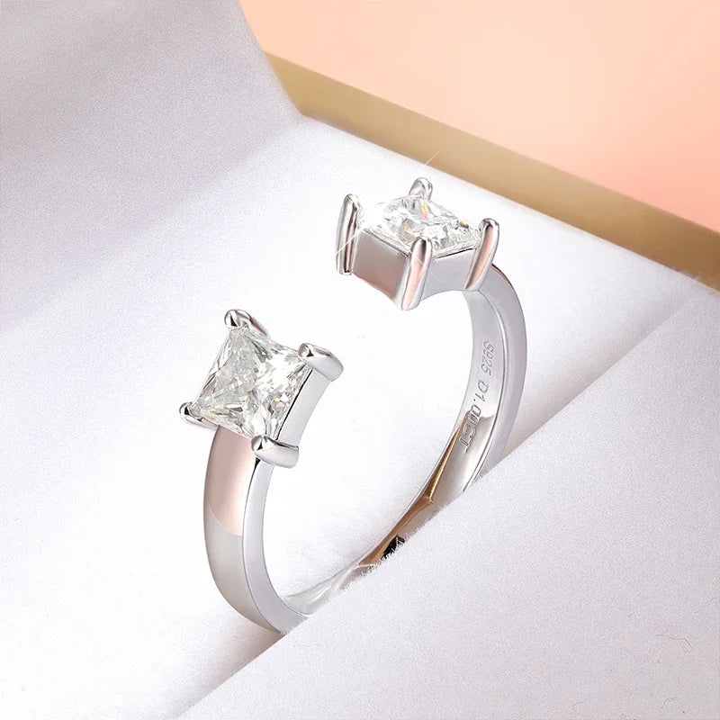 1CTTW 4.5mm Princess Cut Certified Moissanite Rings for Women Adjustable 100% 925 Sterling Silver Wedding Party Band Gift