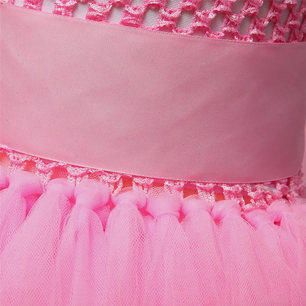 Vestido Tutu Rosa e Preto para Meninas, Vestido de Tule com Cauda e Decote V para Festa de Aniversário, Vestido de Baile para Meninas, Fantasias de Halloween Infantis
