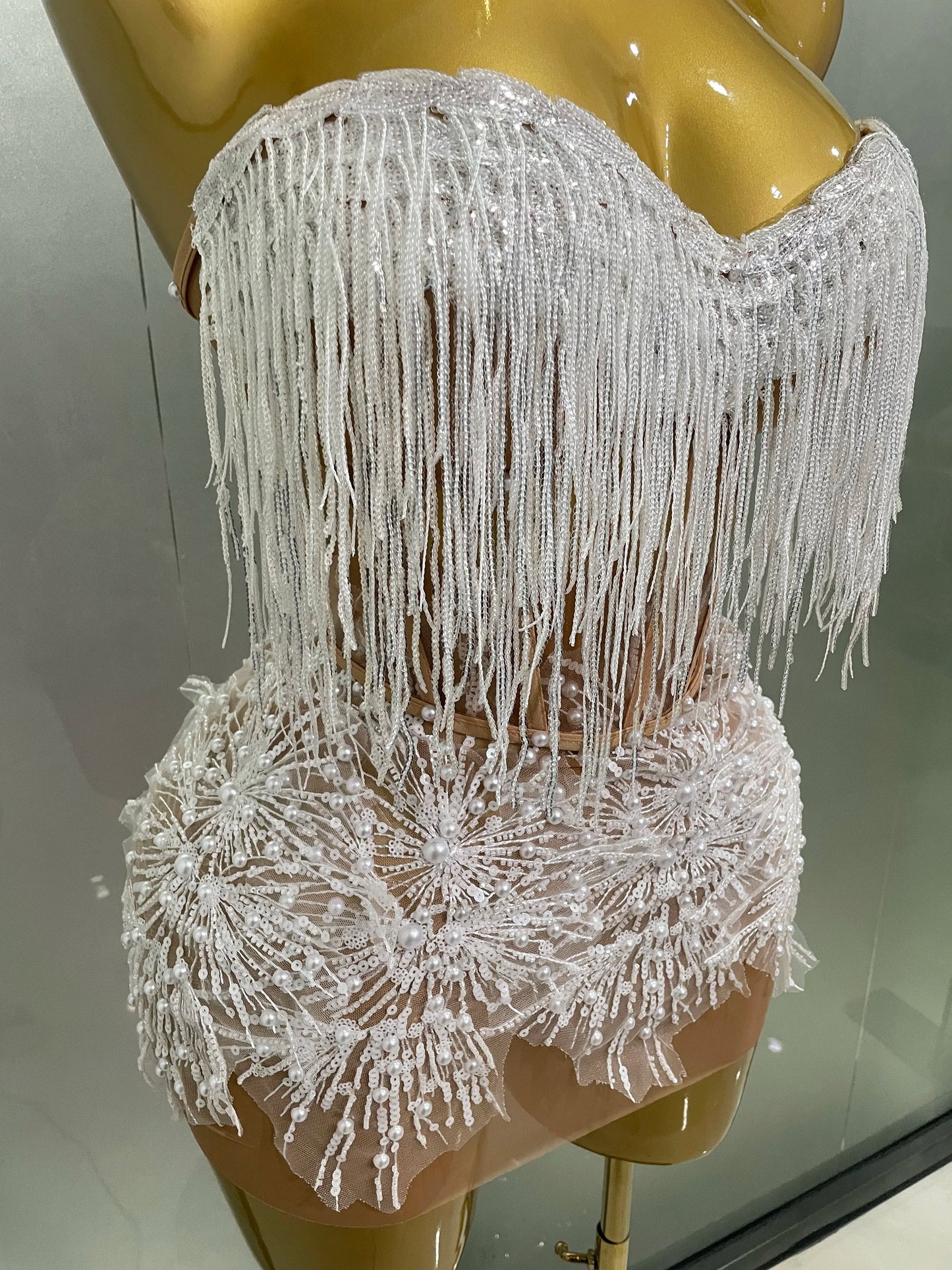 Pearl Sequins Tassel Sleeveless Glitter Mini Dress Women Singer Bar Nightclub Stage Performance Clothing Show Outfit