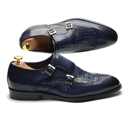 Classic Men's Genuine Leather Dress Shoes Double Buckle Monk Strap Wingtip Crocodile Print Business Office Formal Footwear Man