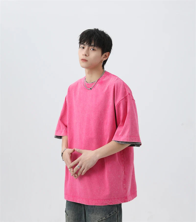 Japanese Korean Style Stir Fried Snowflake Washed T-Shirts Men Women Cotton Heavyweight Summer Hip Hop Streetwears Short Sleeved