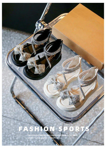 Girls' Shiny Cool Rhinestone Bowknot Children's Sandals 2023 Summer Open-toe Versatile Kids Fashion Back Zipper Casual Shoes New