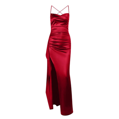 Women's Fashion Elegant Fitted Pleated Slit Satin Gown Solid Color Sleeveless Backless Long Dresses Summer Satin Party Dress