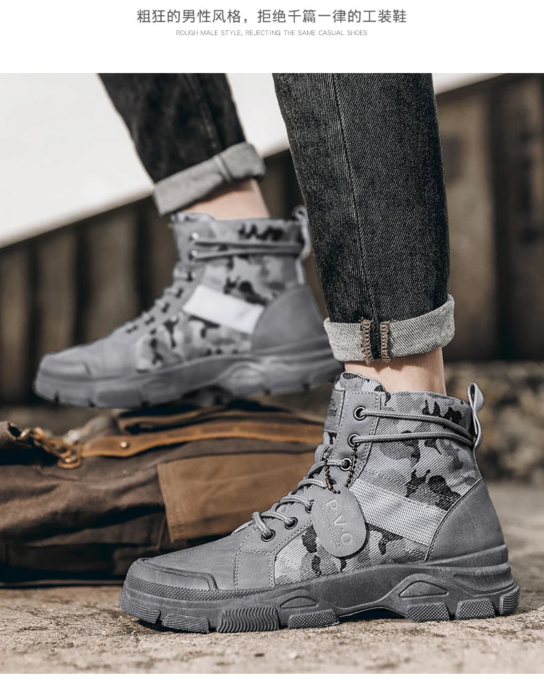 Men's canvas boots autumn winter new plus velvet high-top warm casual boots outdoor boots camouflage tooling boots desert boots