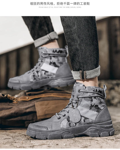 Men's canvas boots autumn winter new plus velvet high-top warm casual boots outdoor boots camouflage tooling boots desert boots