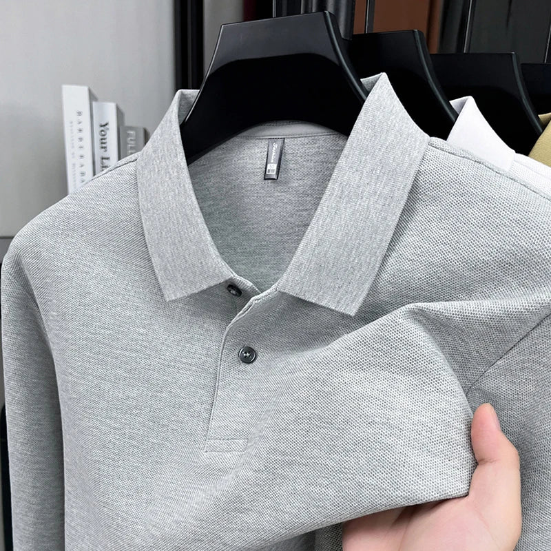 100%pure cotton autumn winter men's high-end designer fashionable long sleeved boutique button casual comfortable polo shirt top