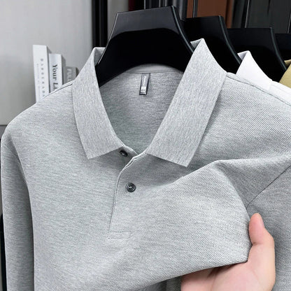 100%pure cotton autumn winter men's high-end designer fashionable long sleeved boutique button casual comfortable polo shirt top