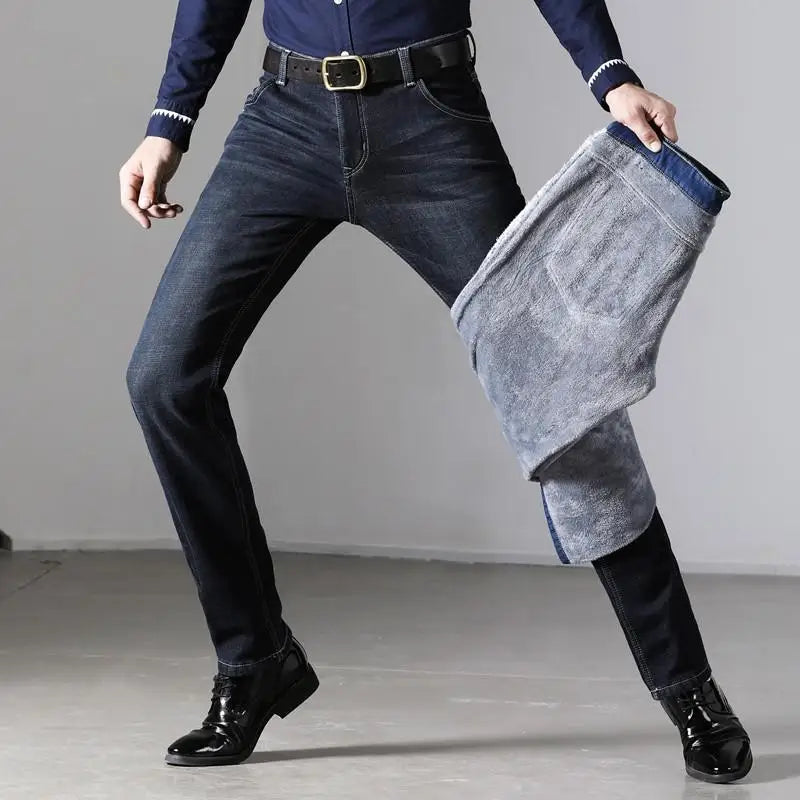 Winter New Men's Warm Blue Black Slim Jeans Classic Style Stretch Slim Fit Thick Pants Fashion Trousers Male Brand