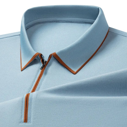 Men's Silk Zipper Polo Shirt Short Sleeve Mulberry T-Shirt Metal Zipper, Stand Collar Luxury Casual Summer Top Cotton&Linen Tee