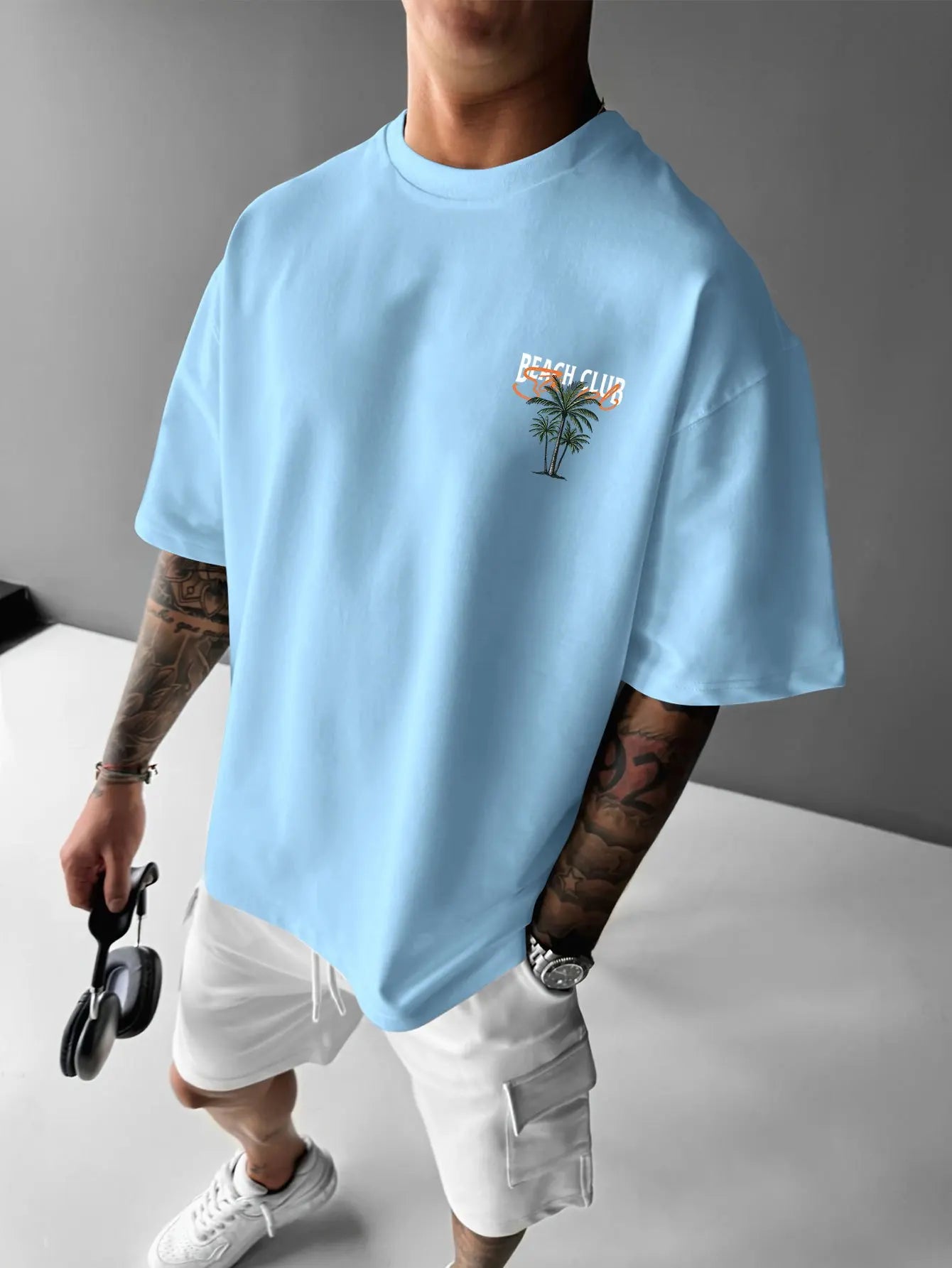 California Beach Club Palm Tree Print on Premium Soft 100% Cotton Mens T Shirt Perfect for Summer Tropical Casual Style