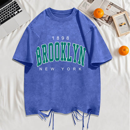 1898 Brooklyn New York Print Washed Holes T-Shirts Men Summer T-Shirt Breathable Fashion Clothing Mans Casual Cotton Streetwear