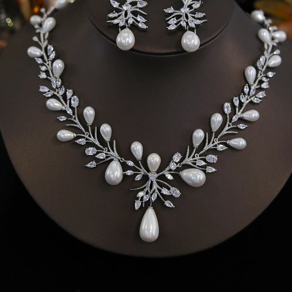 Luxury White Cubic Zirconia Big  Pearl Necklace and Earrings Wedding Bridal Party Jewelry Sets for Women Envio Gratis Todo X0470